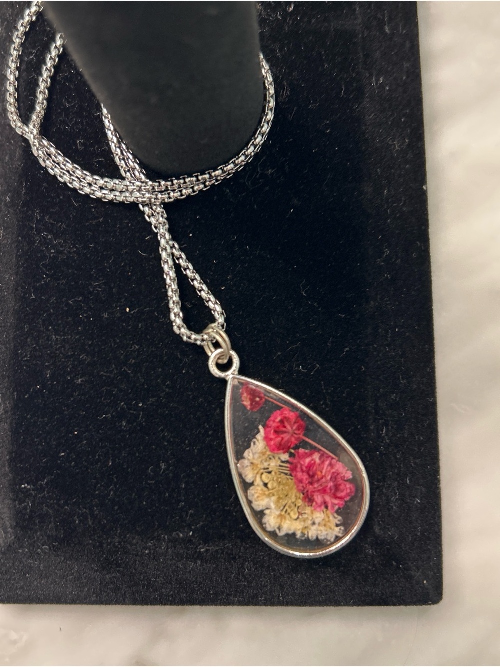 Handmade brand new. Silver Teardrop Pendant  with Red /Cream Pressed Flowers
